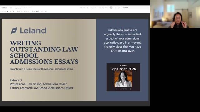 Outstanding Law School Admissions Essays with Indrani, Former Stanford Law AdCom [9/2/2026] (Recording)